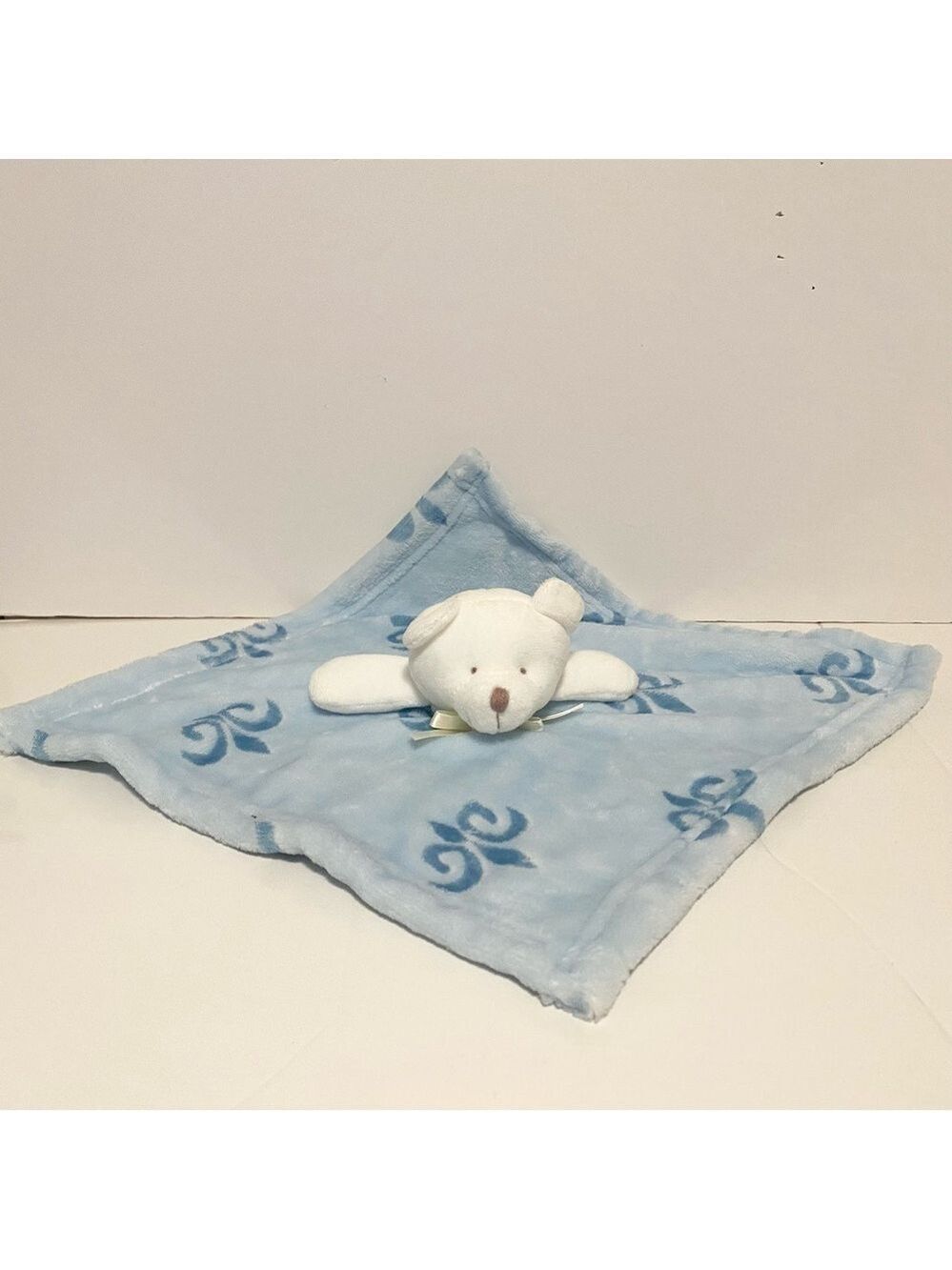 Baby Blue Teddy Bear Lovey White Soft Stuffed Animal Tile Print Boy Doudou Lovie